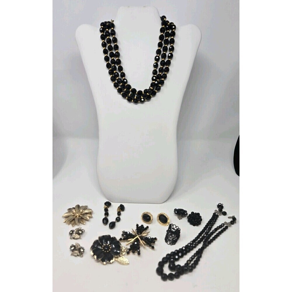 VINTAGE MODERN FASHION JEWELRY BUNDLE BLACK & GOLD NECKLACE BROOCH EARRING WOMEN